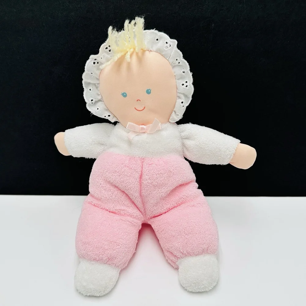 Vintage Eden Pink White Doll Terry Cloth Blue Eyes Bonnet Lace Soft Plush 10”Toy - Picture 1 of 11